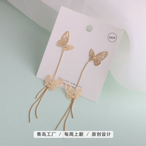 S925银蝴蝶垂墜耳環流蘇耳夾耳釘氣質鋼耳環韓系簡約銀針花耳夾誇張正韓版幾何抗敏垂吊水钻超仙儿长款耳钉女韩国气质时尚潮流