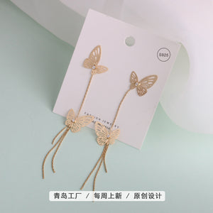 S925银蝴蝶垂墜耳環流蘇耳夾耳釘氣質鋼耳環韓系簡約銀針花耳夾誇張正韓版幾何抗敏垂吊水钻超仙儿长款耳钉女韩国气质时尚潮流
